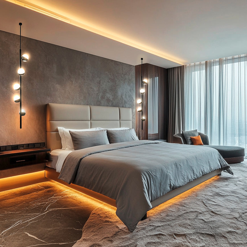 Due lampade a sospensione CRYSTAL TUBE in ottone nero e vetro Murano ai lati di letto matrimoniale in camera hotel moderna