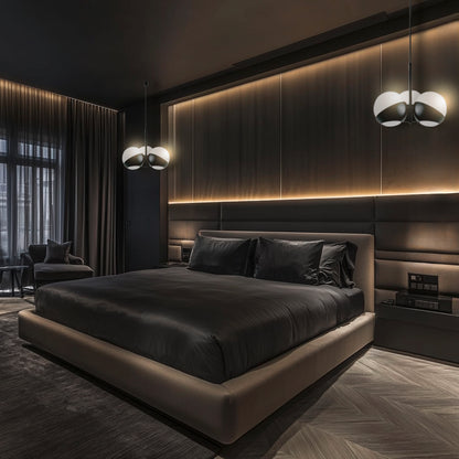 Due lampade ATOLLO-3 nere sospese sopra comodini in camera hotel moderna, stile minimale con toni neri e beige.