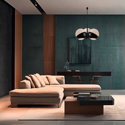 Lampada ATOLLO-3 nera in soggiorno elegante con pareti verdi, arredamento neutro e design d’interni contemporaneo.