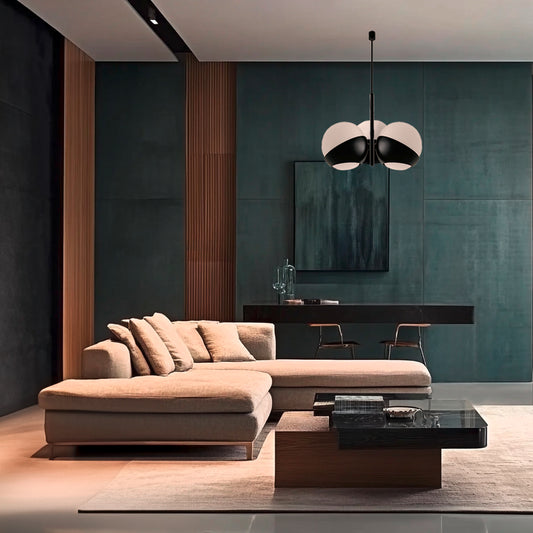 Lampada ATOLLO-3 nera in soggiorno elegante con pareti verdi, arredamento neutro e design d’interni contemporaneo.