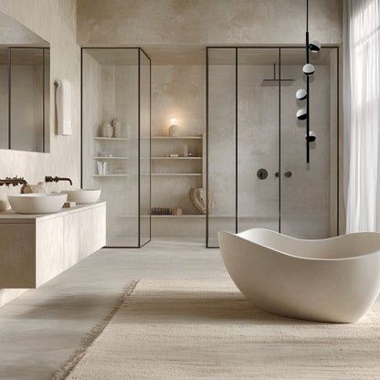 Lampada a sospensione CRYSTAL TUBE in ottone nero e vetro Murano in bagno beige moderno con vasca scultorea e lavabo in pietra.