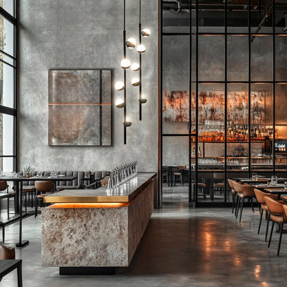 Due lampade a sospensione CRYSTAL TUBE in ottone nero e vetro Murano sopra bancone in pietra, ristorante moderno industriale.