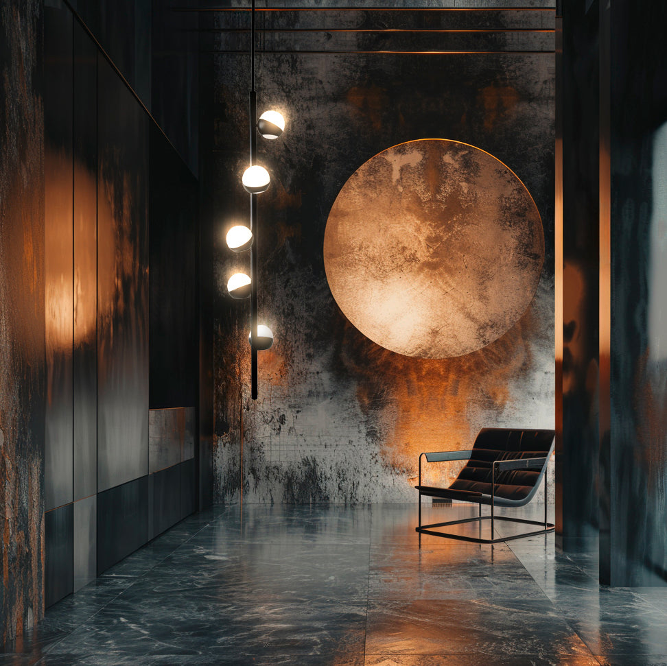 Lampada CRYSTAL TUBE a sospensione in ottone nero e vetro Murano in atrio industrial chic con sedia Bauhaus e disco metallico