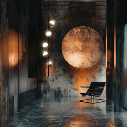 Lampada CRYSTAL TUBE a sospensione in ottone nero e vetro Murano in atrio industrial chic con sedia Bauhaus e disco metallico